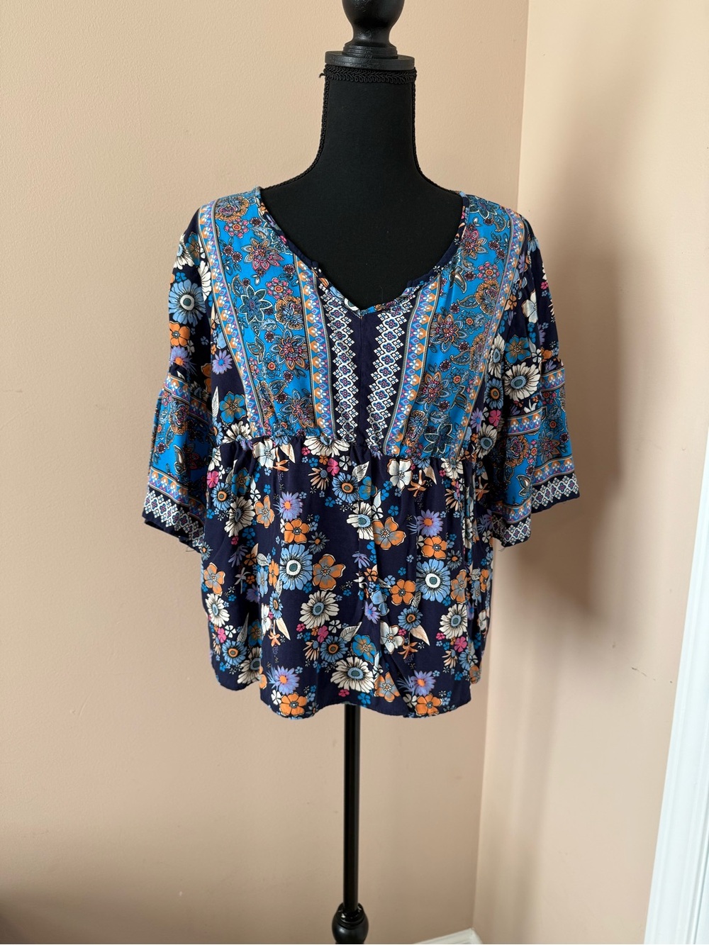 SHEIN Navy and Bright Blue Floral Boho Tunic Top